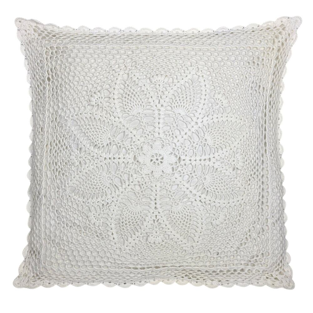 VINTAGE HAND‑CROCHET WHITE / CREAM DECORATIVE FLORAL PATTERN PILLOW – 16" × 16"